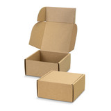 A die cut box with a locking lid, featuring a brown kraft finish, partially open with another closed box beside it.