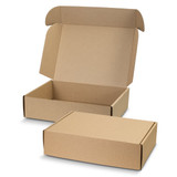 A kraft cardboard die cut box with a locking lid, featuring an open box on top and a closed box underneath.
