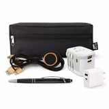 A black zippered pouch containing a pen, charging cables, a universal power adaptor, and a magnetic phone holder.