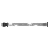 A grey luggage strap featuring a logo and a geometric pattern, designed for securing luggage.