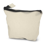 A cream cosmetic bag with a zip closure, featuring a simple design and a small loop for easy handling.