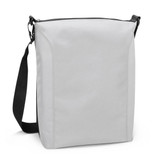 A cooler bag in grey with a black adjustable strap and zip closure, featuring a logo on the front.