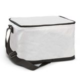 A large, white cooler bag with a black base and a shoulder strap, featuring a zip closure and a branding logo.