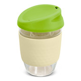 A drink bottle with a borosilicate glass body, cream-coloured silicone sleeve, and a green lid.