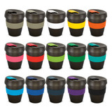 A collection of Express Cup ReGrind drink bottles in various colours with black bases and contrasting lids. Each features a logo.