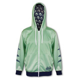 A mint green zipped hoodie with a patterned interior and a logo on the front. Features white drawstrings and navy blue accents.