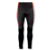 Custom men's cycling pants in black with red accents, featuring a logo and designed for comfort and performance.