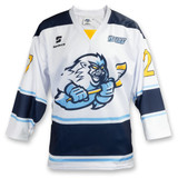 A custom hockey jersey featuring a blue and white design with a graphic of a fierce-looking polar bear.