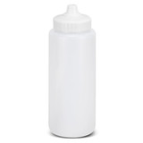 A drink bottle in a translucent white colour with a screw top lid and a narrow spout. It features a branding logo.
