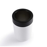 A drink cooler made of stainless steel featuring a sleek white body and a black silicone lid.