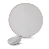A round white fan with a matching pouch attached. The fan is open and displayed flat.