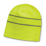 A high-visibility yellow beanie with two reflective grey stripes around the center.
