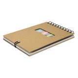 A notepad with a brown cover and a spiral binding, featuring a clear window displaying colourful page markers.