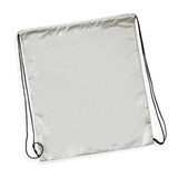 A silver drawstring backpack with black strings, featuring a simple design and minimal surface texture.