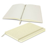 A cream-coloured notebook with lined pages, featuring a textured cover and a ribbon bookmark.