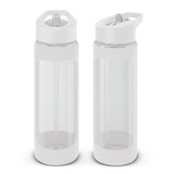 A drink bottle featuring a white exterior and clear body, with a flip-top lid and a logo.