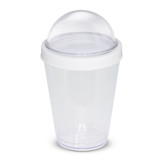 A drink bottle with a transparent body and a white screw-on lid featuring a clear dome top.