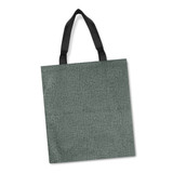 A green tote bag with black handles and a textured surface, featuring a logo.