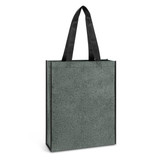 A heather green tote bag with black handles, featuring a simple design and a logo on the front.