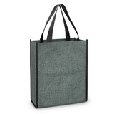 A heather green A4 tote bag with black handles and reinforced sides, featuring a logo.
