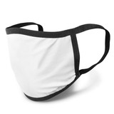 A reusable face mask in white with black trim and ear straps, featuring a logo on the side.