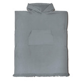 A grey hooded towel with a front pocket and fringed edges, featuring a logo.