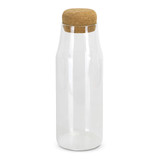 A drink bottle featuring a clear glass body and a natural cork lid, minimalistic in design.