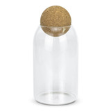 A clear glass canister with a cork lid, featuring a rounded top. Ideal for home storage.