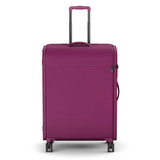 A large purple wheeled suitcase with a retractable handle and logo, featuring a sleek design.