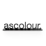A black display stand featuring the word "ascolour" in bold lettering.