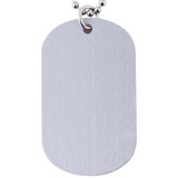 A silver dog tag on a metal ball chain, featuring a smooth, brushed surface and rounded edges.