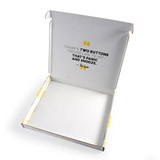 A custom printed box in white with a colourful interior, featuring a logo and printed text inside.