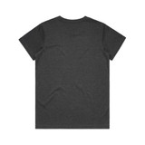 A dark grey t-shirt with a classic crew neck and short sleeves, featuring a logo on the back.