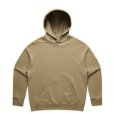 A beige hoodie featuring a front pocket and a large hood. The design includes a logo.