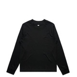 A black long-sleeve T-shirt displayed flat, featuring a round neckline and fitted cuffs. It has a logo.