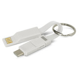 A white 3-in-1 charging cable with a keyring attachment, featuring multiple connectors for various devices.