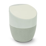 A wireless charger and speaker combination in light grey with a smooth, rounded design and a fabric speaker grille.