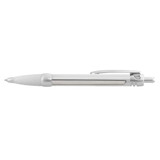 A white plastic pen with a textured grip and a clip, featuring a logo on its barrel.