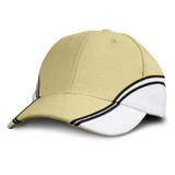 A cap in a light khaki colour with white and black accents, featuring a structured brim and a logo.