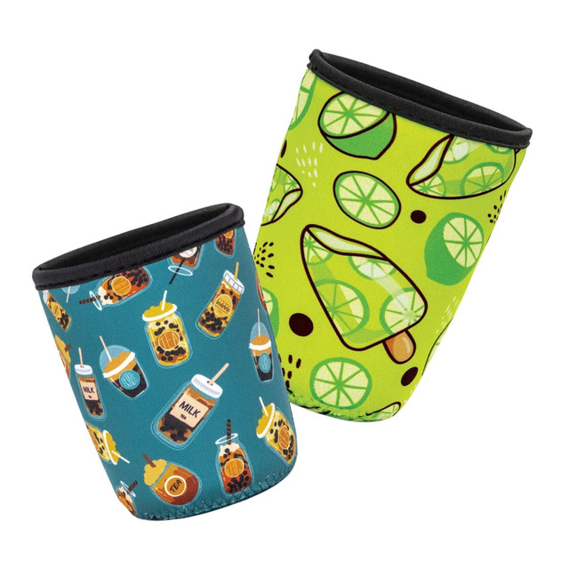 A neoprene cup sleeve in blue with drink illustrations and another in green with lime patterns. Both have black trim.
