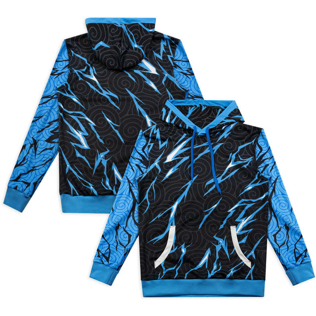 A custom men's active hoodie featuring a black background with blue lightning and swirl patterns, and a hood.
