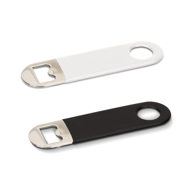 A drink bottle opener featuring a sleek design in white and black with a metal opener and a circular handle.
