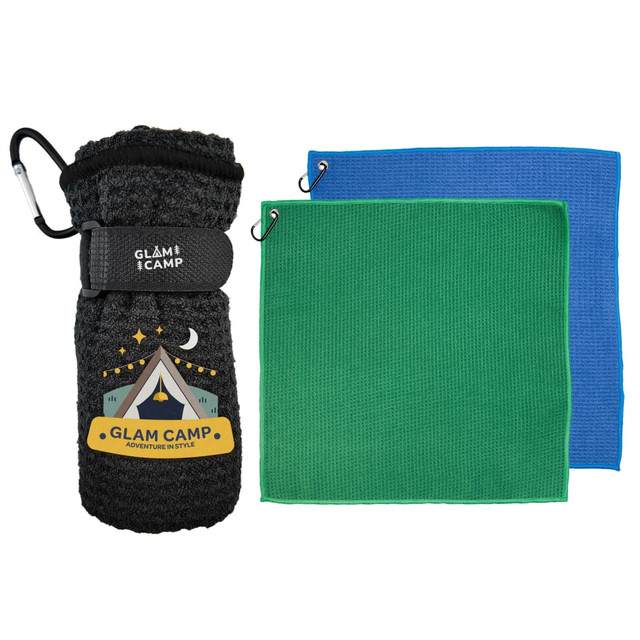 A black drink bottle with a logo, accompanied by a green towel and a blue towel, both with clips.
