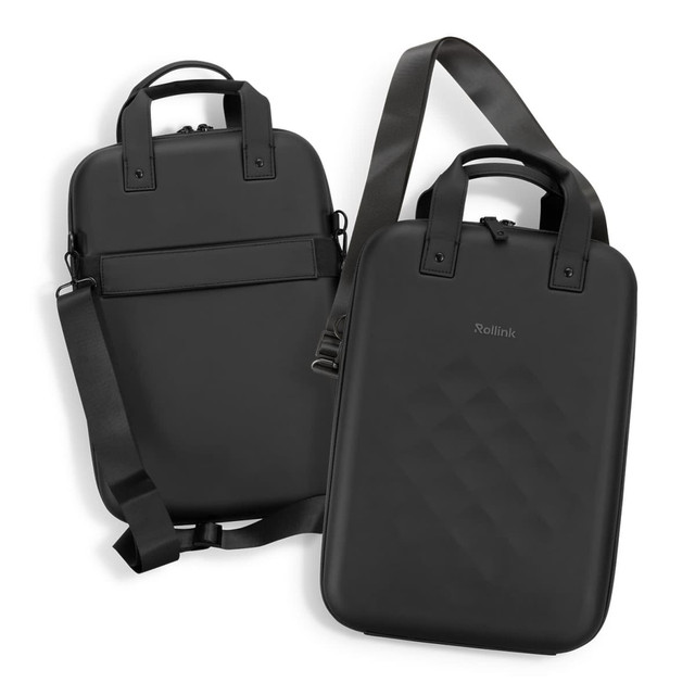 A black Rollink Laptop Case Go featuring a textured design, dual handles, and an adjustable strap.
