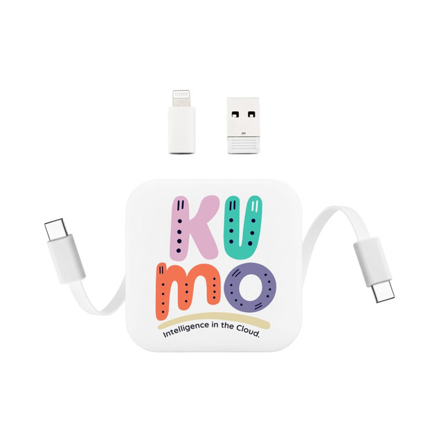 A retractable charging cable in white, featuring USB and lightning connectors, with a logo on the surface.