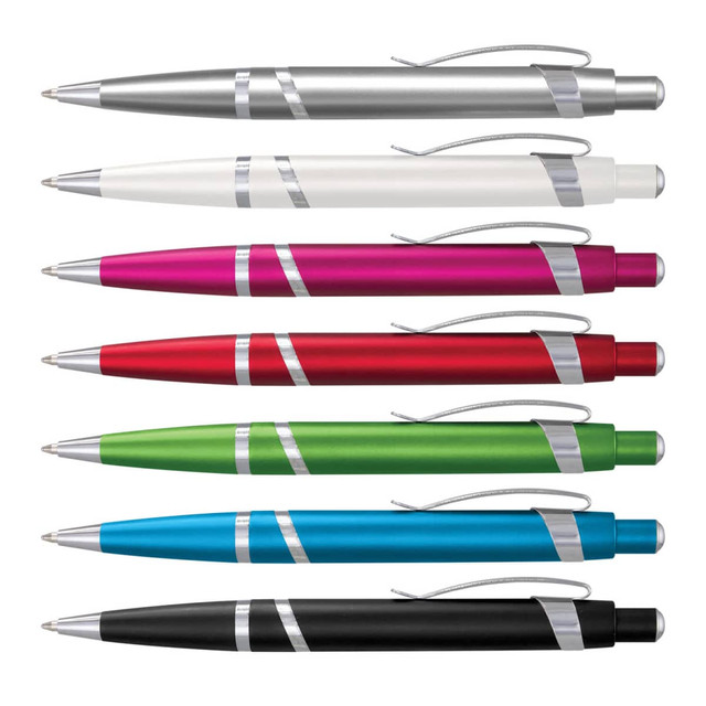 A collection of Athena pens in silver, white, pink, red, green, blue, and black, each with a sleek design and a logo.