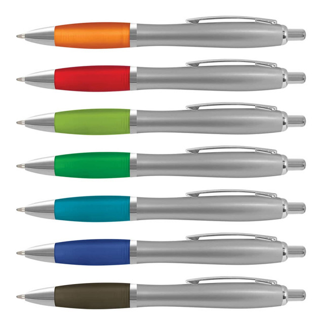 A collection of plastic pens with silver barrels and coloured grips in orange, red, green, teal, blue, and dark grey.