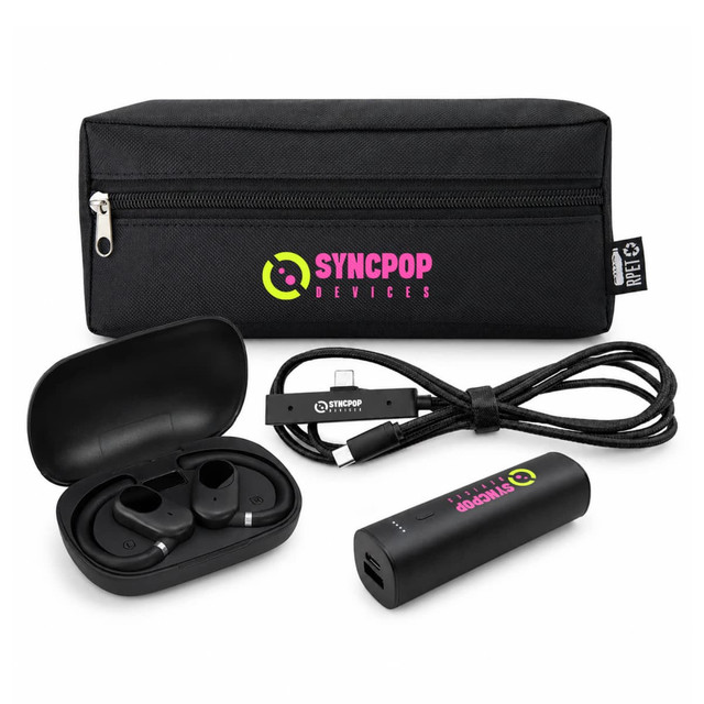 A black tech pouch contains wireless earbuds, a charging case, and a USB cable, featuring a logo.