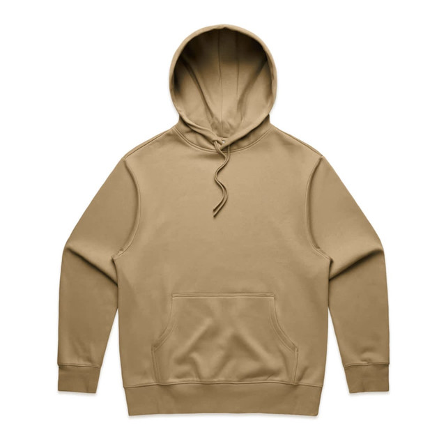 A khaki hoodie featuring a front pocket and an adjustable drawstring hood. It has a brand logo.