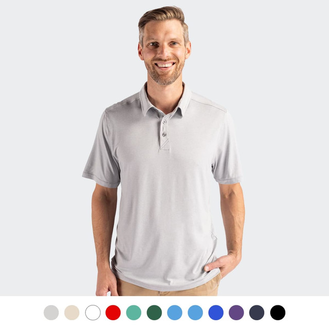 A light grey polo shirt on a smiling man, featuring a collar and buttons, with a branding logo.